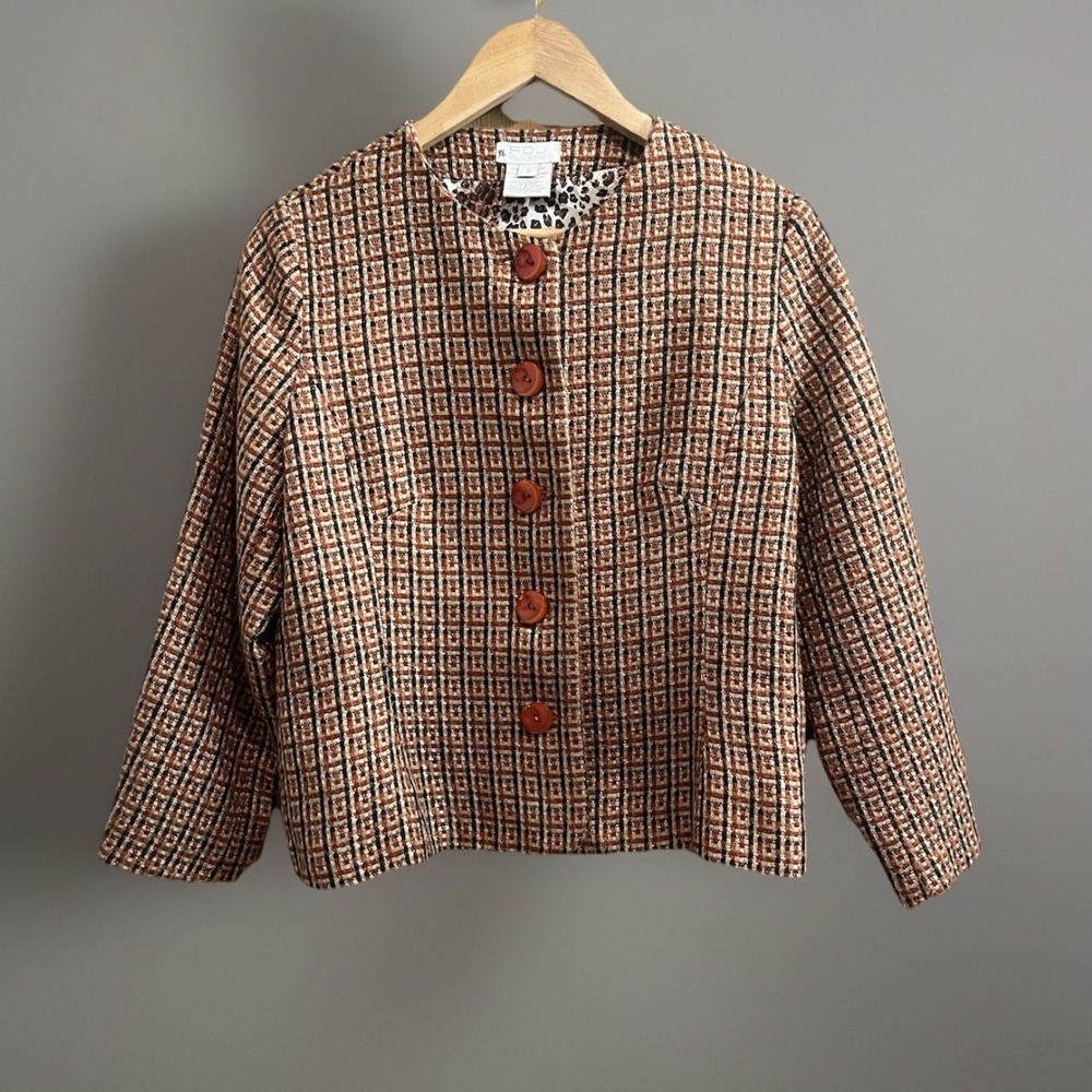 FDJ French Dressing Tweed Blazer Jacket Womens 8 Brown Checkered Leopard Lining